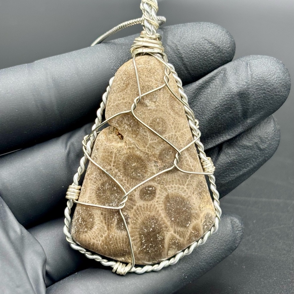 Hand wrapped Petoskey Stone Pendant with Silver Wire Wrap